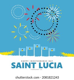 Saint Lucia independence day vector illustration with its national flags and fireworks. Caribbean country public holiday.