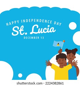 Saint Lucia independence day vector illustration with a boy and his mom waving the national flag.