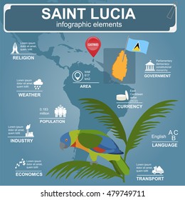 Saint Lucia infographics, statistical data, sights. Amazona versicolor parrot, national symbol. Vector illustration