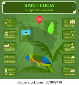 Saint Lucia infographics, statistical data, sights. Amazona versicolor parrot, national symbol. Vector illustration