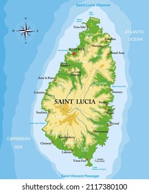 Mapa físico altamente detallado de la isla Santa Lucía