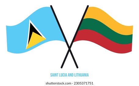 Saint Lucia and Lithuania Flags Crossed And Waving Flat Style. Official Proportion. Correct Colors.