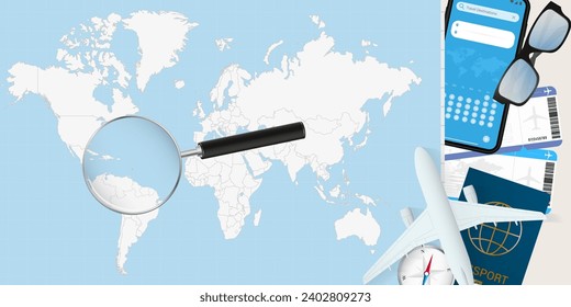 Saint Lucia is magnified over a World Map, illustration with airplane, passport, boarding pass, compass and eyeglasses. Vector illustration.