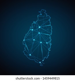 Saint Lucia Map - Abstract geometric mesh polygonal network line, structure and point scales on dark background with lights in the form of cities. Vector illustration eps 10.