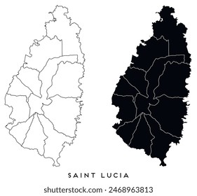 Saint Lucia map of city regions districts vector black on white and outline