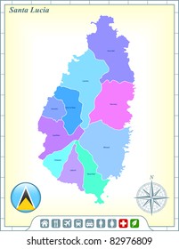 Saint Lucia Map with Flag Buttons and Assistance & Activates Icons Original Illustration