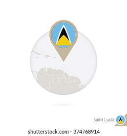 Saint Lucia map and flag in circle. Map of Saint Lucia, Saint Lucia flag pin. Map of Saint Lucia in the style of the globe. Vector Illustration.