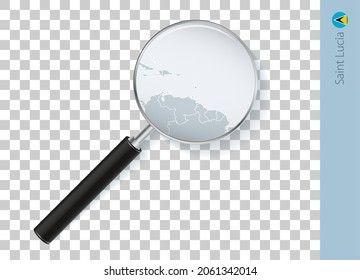 Saint Lucia map with flag in magnifying glass on transparent background. Vector loupe with map.