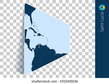 Saint Lucia map and flag on transparent background. Highlighted Saint Lucia on blue vector map.