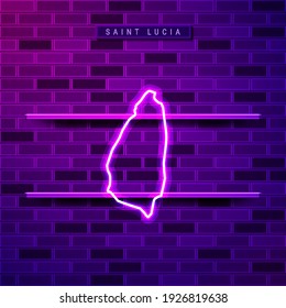 Saint Lucia map glowing neon lamp sign. Realistic vector illustration. Country name plate. Purple brick wall, violet glow, metal holders.