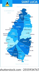 Saint Lucia Map Vector Blue Spot - Customizable layered political map of Saint Lucia with administrative divisions for website, education, reports, news, politics, print, poster and wallpaper