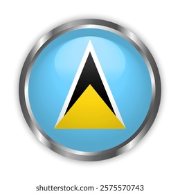 Saint Lucia national flag button with silver frame. Saint Lucia round badge icon. Vector illustration