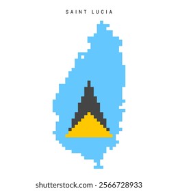 Saint Lucia pixel flag map icon. 8 bit pixel art Saint Lucian map covered with flag. Flat vector illustration isolated on white background.