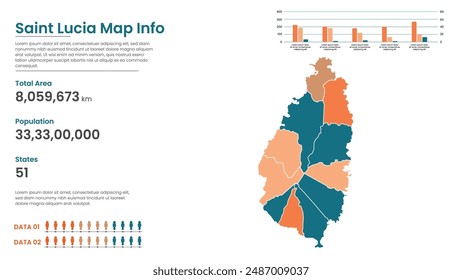 Saint Lucia political map of administrative divisions states, Colorful states in Saint Lucia map infographic, Saint Lucia Map Info, Saint Lucia Population.