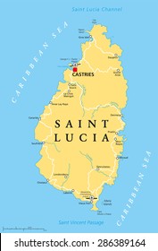 Saint Lucia Political Map with capital Castries and important places. English labeling and scaling. Illustration.