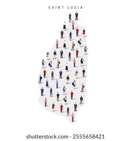 Saint Lucia population map. Large group of realistic a diverse crowd of people figures in a shape of Saint Lucian map. Flat vector illustration isolated on white.