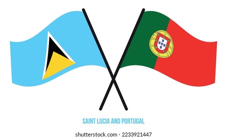 Saint Lucia and Portugal Flags Crossed And Waving Flat Style. Official Proportion. Correct Colors.