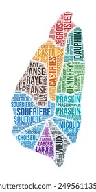 Saint Lucia region word cloud. Country shape design. Saint Lucia colored illustration. Region names collage cloud. Vector illustration.