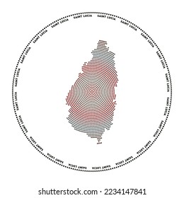 Saint Lucia round logo. Digital style shape of Saint Lucia in dotted circle with island name. Tech icon of the island with graduated dots. Authentic vector illustration.