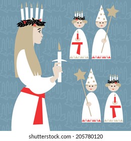 Saint Lucia Swedish Christmas tradition. St. Lucia's Day. Scandinavian Christmas. Vector illustration