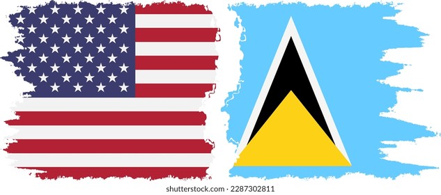 Saint Lucia and USA grunge flags connection, vector