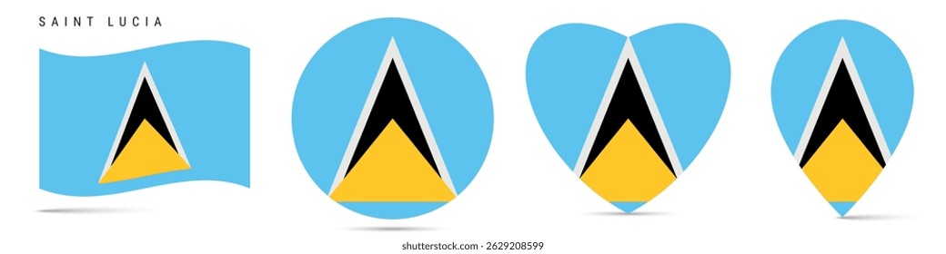 Santa Lucía ondeando la bandera, insignia de la etiqueta engomada del círculo redondo, icono en forma de corazón, pin del mapa. Botones de bandera de Santa Lucía de diferentes Formas. Ilustración vectorial aislada en blanco.