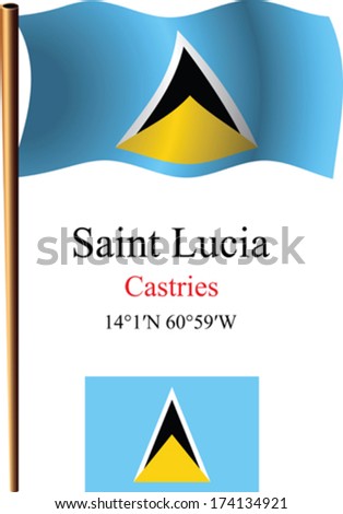 saint lucia wavy flag and coordinates against white background, vector art illustration, image contains transparency