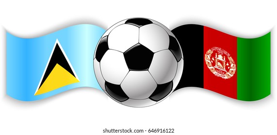 Saint Lucian and Afghan wavy flags with football ball. Saint Lucia combined with Afghanistan isolated on white. Football match or international sport competition concept.