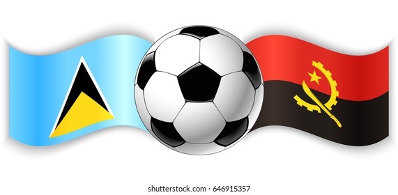 Saint Lucian and Angolan wavy flags with football ball. Saint Lucia combined with Angola isolated on white. Football match or international sport competition concept.