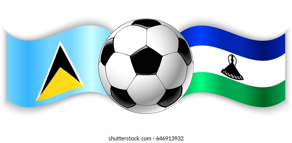 Saint Lucian and Basotho wavy flags with football ball. Saint Lucia combined with Lesotho isolated on white. Football match or international sport competition concept.