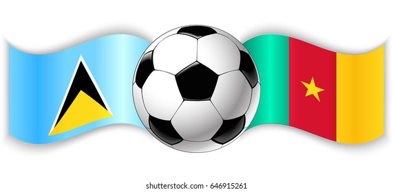 Saint Lucian and Cameroonian wavy flags with football ball. Saint Lucia combined with Cameroon isolated on white. Football match or international sport competition concept.