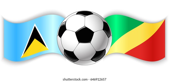 Saint Lucian and Congolese wavy flags with football ball. Saint Lucia combined with Republic of the Congo isolated on white. Football match or international sport competition concept.