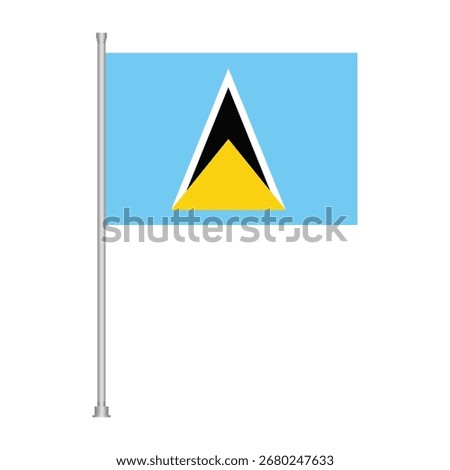 A Saint Lucian flag on a silver pole against a white background, symbolizing national pride and travel.
