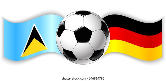 Saint Lucian and German wavy flags with football ball. Saint Lucia combined with Germany isolated on white. Football match or international sport competition concept.