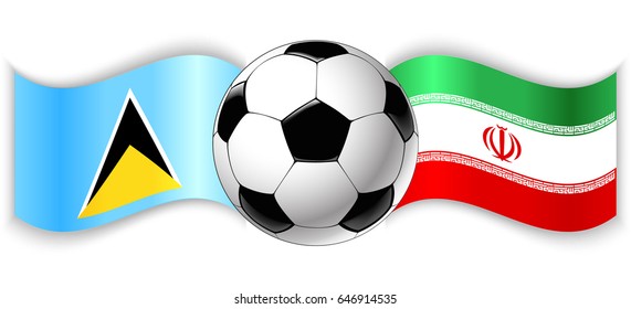 Saint Lucian and Iranian wavy flags with football ball. Saint Lucia combined with Iran isolated on white. Football match or international sport competition concept.