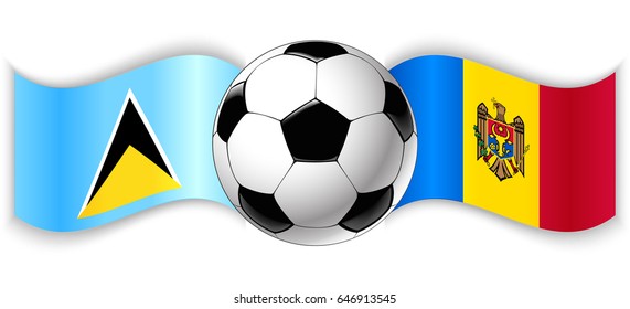 Saint Lucian and Moldovan wavy flags with football ball. Saint Lucia combined with Moldova isolated on white. Football match or international sport competition concept.