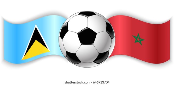 Saint Lucian and Moroccan wavy flags with football ball. Saint Lucia combined with Morocco isolated on white. Football match or international sport competition concept.