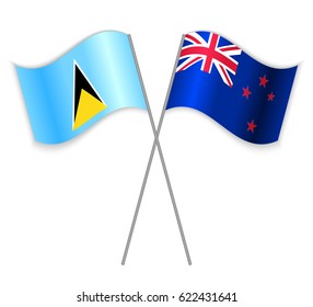 Saint Lucian and NZ crossed flags. Saint Lucia combined with New Zealand isolated on white. Language learning, international business or travel concept.