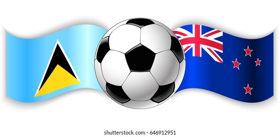 Saint Lucian and NZ wavy flags with football ball. Saint Lucia combined with New Zealand isolated on white. Football match or international sport competition concept.