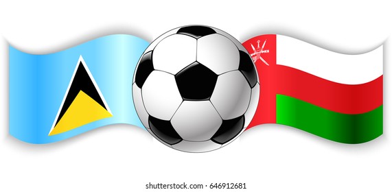 Saint Lucian and Omani wavy flags with football ball. Saint Lucia combined with Oman isolated on white. Football match or international sport competition concept.