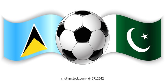 Saint Lucian and Pakistani wavy flags with football ball. Saint Lucia combined with Pakistan isolated on white. Football match or international sport competition concept.
