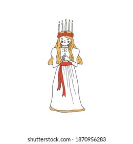 Saint Lucy Day Celebration Concept. Swedish Christmas Tradition. Young Girl In A Crown Holding A Candle Vector Illustration In Hand Drawn Style. Perfect For Cards, Posters And Invitations