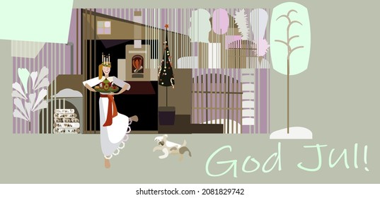 Saint Lucy's Day.Scandinavian style.Sweden: ‘God Jul!’-Happy new year and merry christmas.Flat vector illustration.