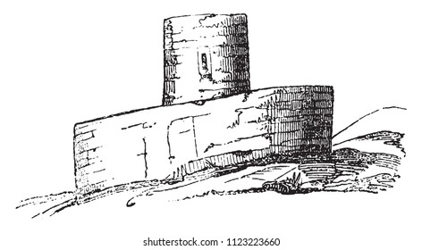 Saint Malo castle tower in the shape of a rectangle, vintage engraved illustration. Magasin Pittoresque 1841.