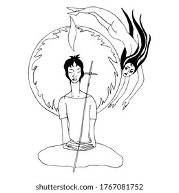 Hombre santo meditando dentro del anillo de llamas y hermosa mujer voladora. Arquetipos masculinos y femeninos. Dos personajes fantásticos. Esbozo de tinta lineal dibujado a mano. Silueta blanca y negra. Hermit y bruja.