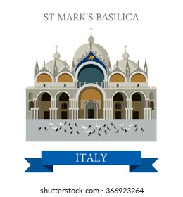 Saint Mark Basilica in Venice Italy. Flat cartoon style historic sight showplace attraction point interest web site vector illustration. World countries cities vacation travel sightseeing collection.