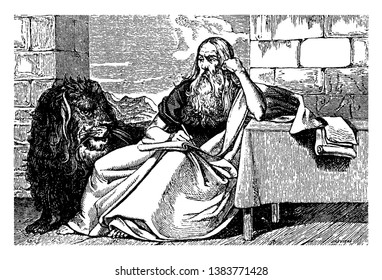 Saint Mark sat on table for writing which covered with cloth.One lion sat beside him which was traditional symbol, vintage line drawing or engraving illustration.