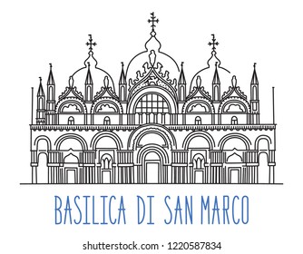 Saint Mark's Basilica (Basilica di San Marco) in Venice, Italy. Freehand drawing of the landmark. Vector illustration isolated on white background