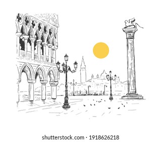 Plaza de San Marcos, Palacio de Doge en Venecia, Italia. San Giorgio Maggiore. Colonne di San Marco. Dibujo manual de la ilustración vectorial. Paisaje urbano romántico con sol. punto de referencia de Venecia