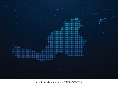 Saint Martin dotted map in futuristic style, glowing outline made of stars lines dots. Communication, internet technologies concept on dark blue space background. Vector illustration.